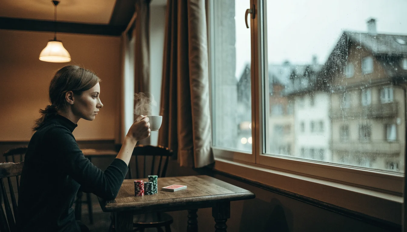 Junge Frau mit Kaffee und Spielchips im Schweizer Café