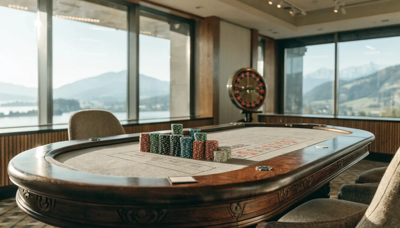 Schweizer Casino Lounge mit Chips und Roulette, Tageslicht