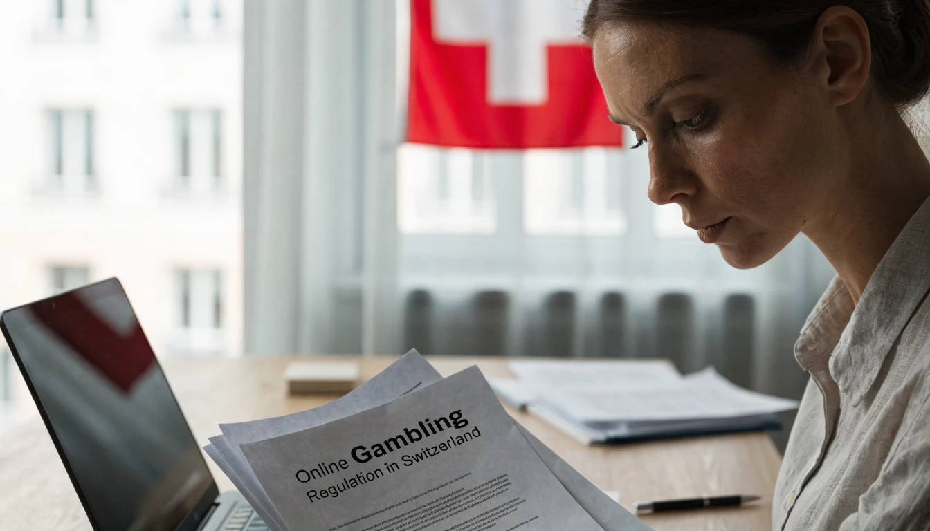 Frau prüft juristische Unterlagen zum Online-Glücksspiel in einem Schweizer Büro.