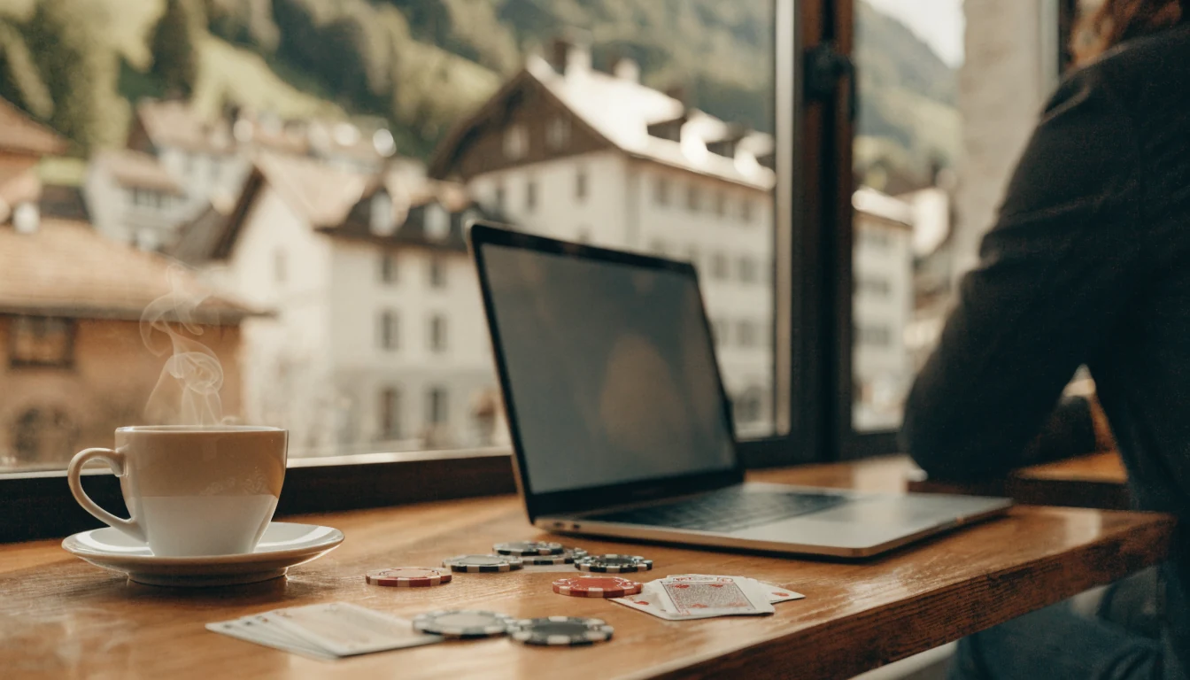 Gemütliches Café mit Chips und Karten, Laptop im Hintergrund