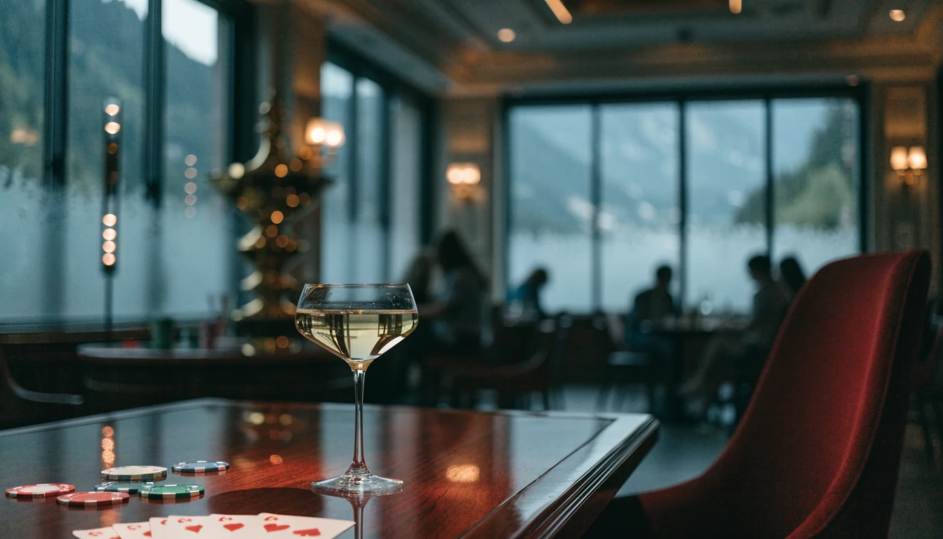 Eleganter Casinotisch mit Chips, Karten und Champagner in schweizerischem Lounge‑Ambiente