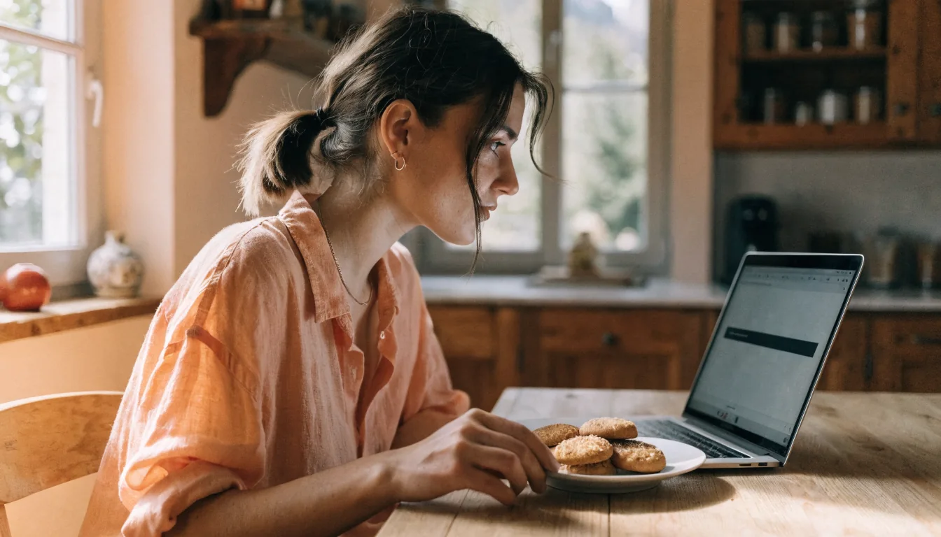 Junge Schweizerin mit Keksen und Laptop im gemütlichen Küchenambiente