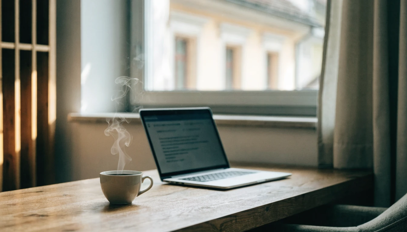 Gemütliches Schweizer Büro mit Laptop, Kaffee und ruhiger Beleuchtung