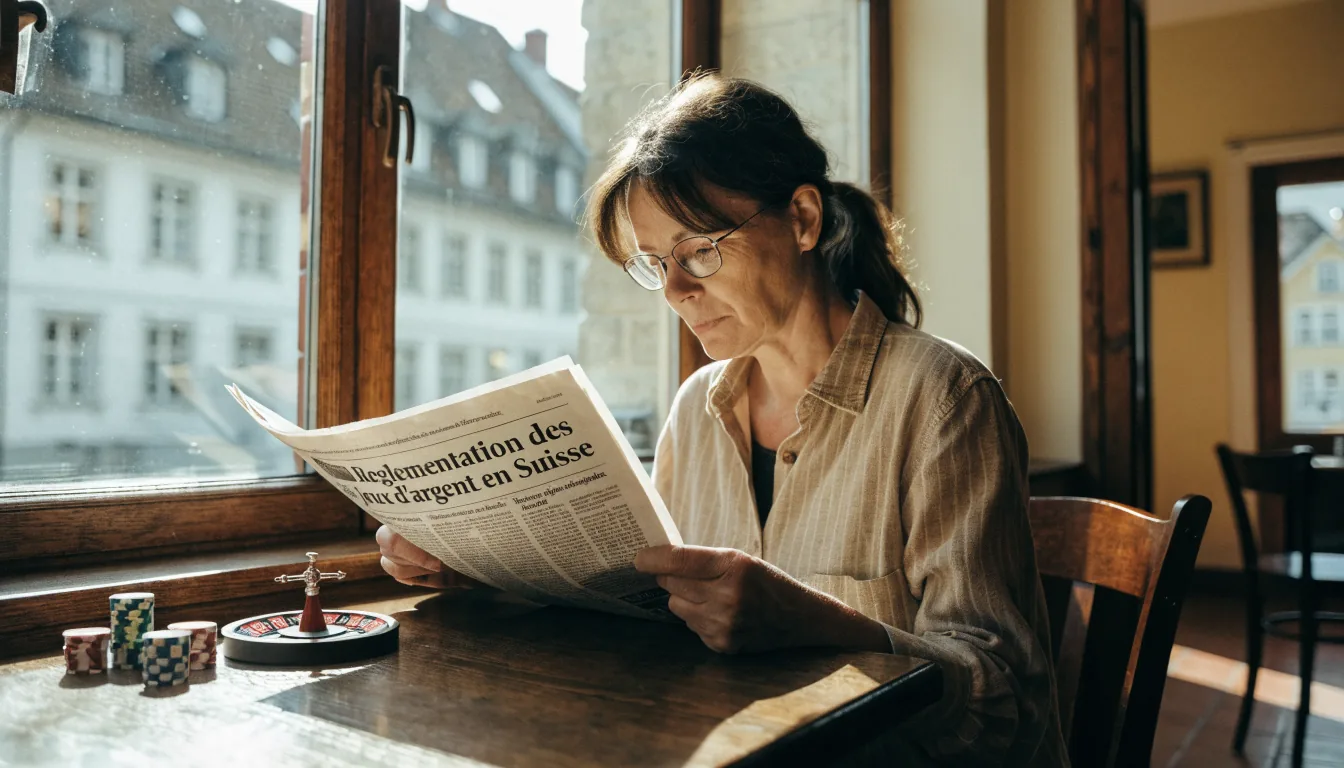 Nachdenkliche Frau in Schweizer Café mit Spielchips und Roulettemodell
